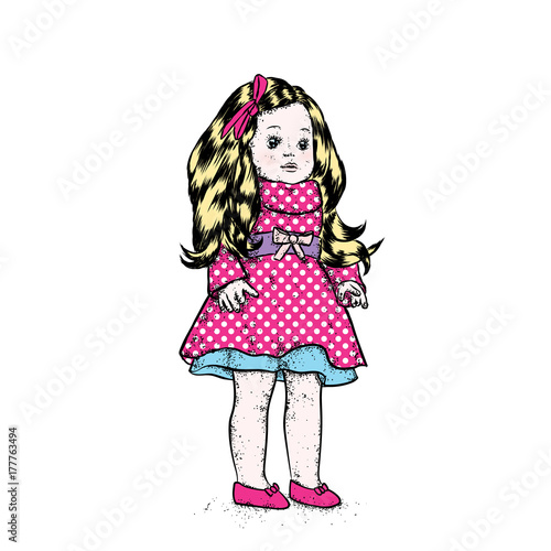 A beautiful doll in a dress and children s toys - a ball  a clock  a designer and sunglasses. Vector illustration. Cute Girl.