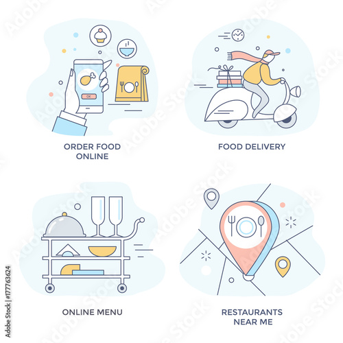 Order food online icons, perfect for mobile application,   line flat design