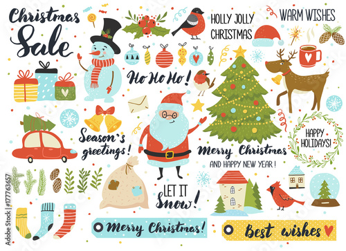 Christmas and New Year's set, hand drawn elements - calligraphy, Santa, snowman, deer, fur-tree, ornaments, wreath and other. Perfect for web, scrapbooking, card, poster, tag, sticker kit.