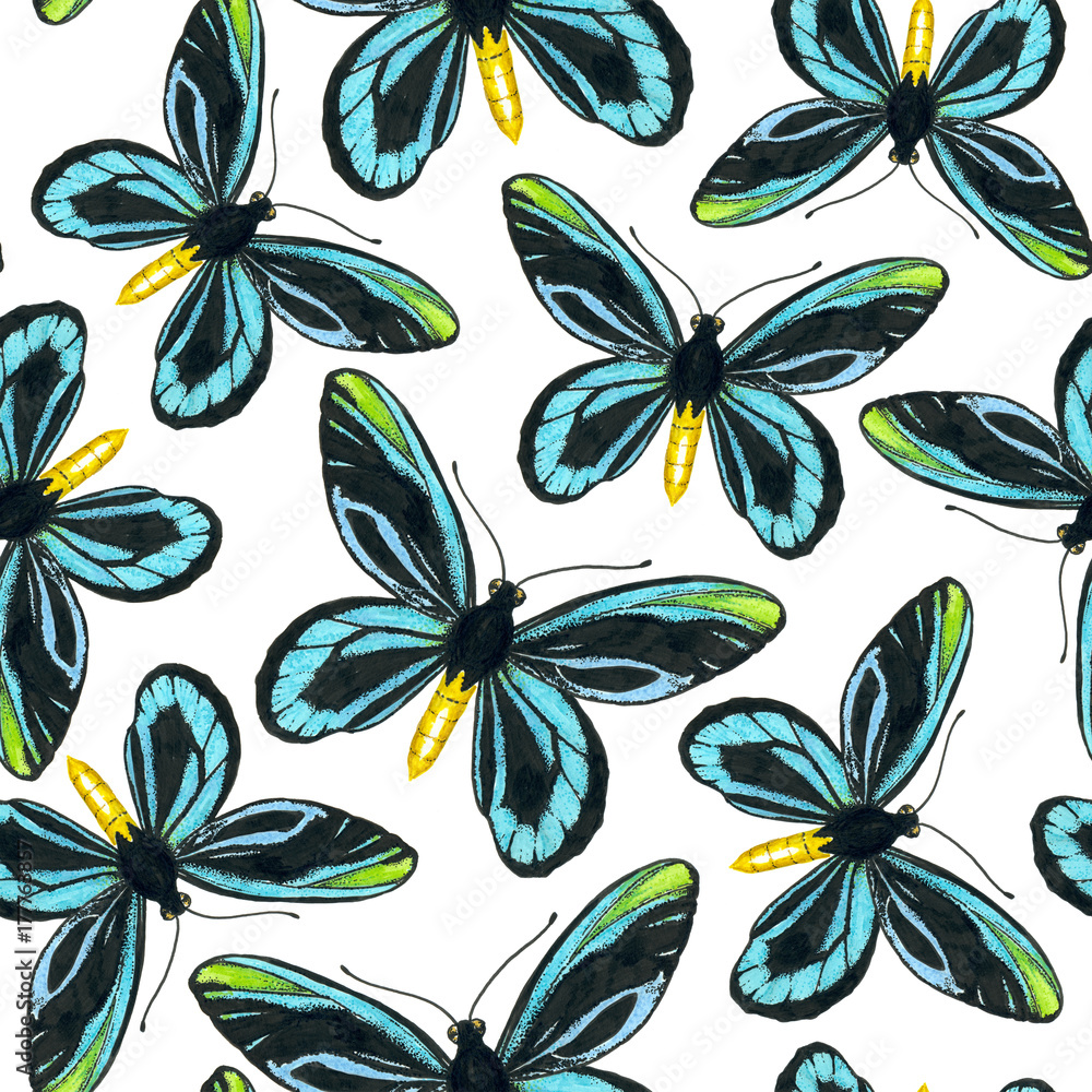 Seamless pattern with blue butterflies