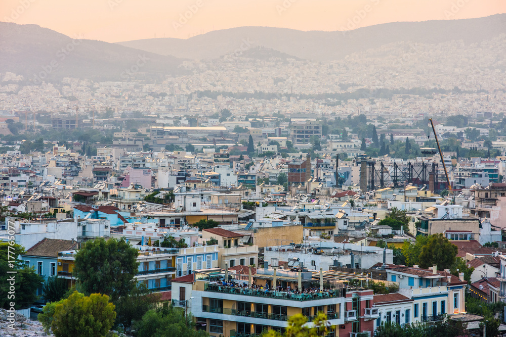 Panoramic view on Athens. Urbanization and city lifestyle.