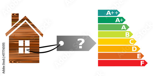 a wooden house with energy performance certificate. energy efficiency and home concepts