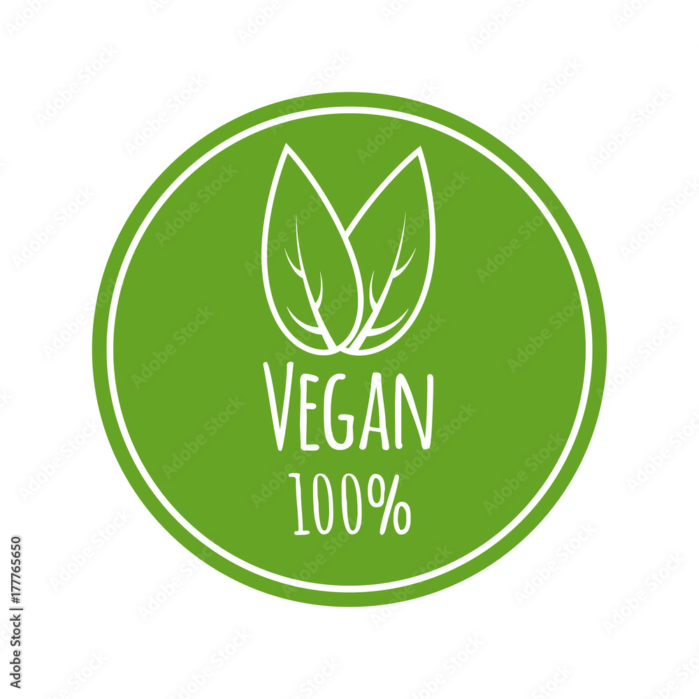 Vegan vector logo. Round eco, green logo. Vegan food sign with leaves