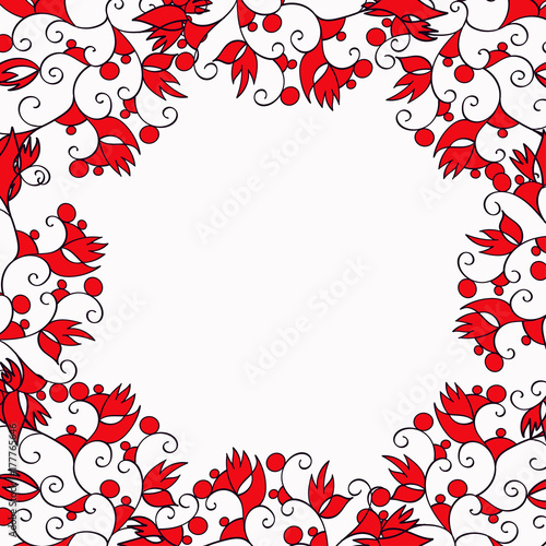round frame with red and white flowers