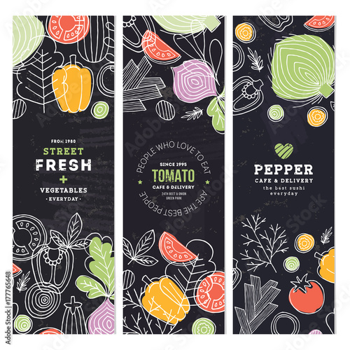 Vegetables banner collection. Linear graphic. Vegetables backgrounds. Scandinavian style. Healthy food. Vector illustration