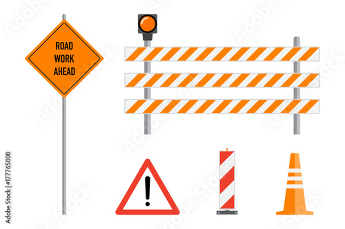Road works signs set, flat vector illustration. Work road ahead, orange warning sign, striped warning posts, barricade, traffic cone, cartoon elements set. Traffic caution warning signs concept.