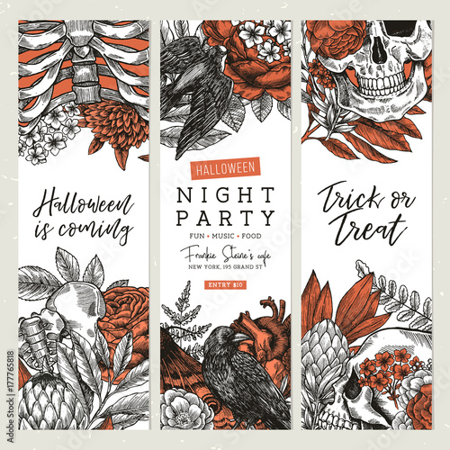 Halloween party banner collection. Vintage floral anatomy backgrounds. Vector illustration