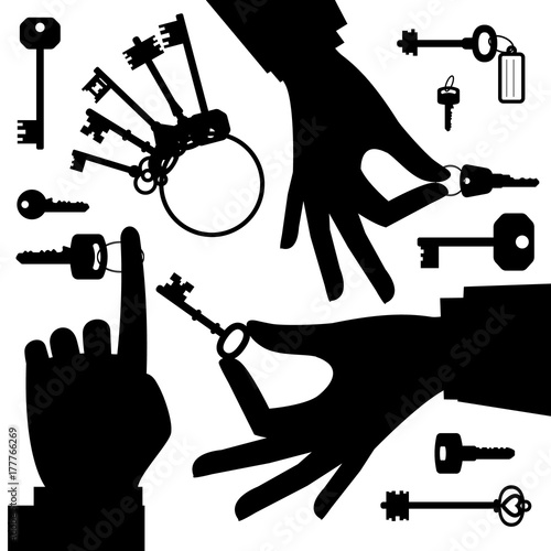 Hands holding key black silhouette set