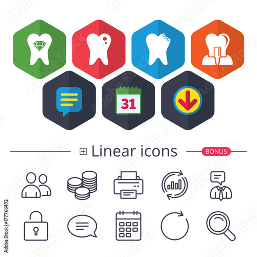 Dental care icons. Caries tooth and implant.