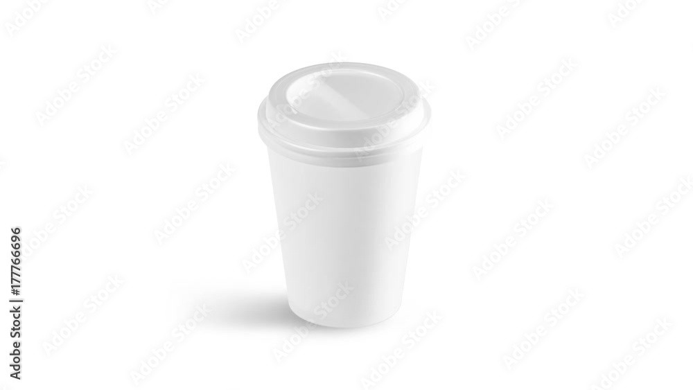 Blank white disposable paper cup with plastic lid mock up isolated, looped rotation, 3d rendering. Empty polystyrene coffee drinking mug mockup isometric side view. Clear plain tea take away package. Blank white disposable paper cup with plastic lid mock up isolated, looped rotation, 3d rendering. Empty polystyrene coffee drinking mug mockup isometric side view. Clear plain tea take away package.