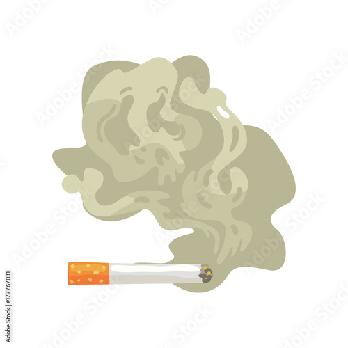 Burning cigarette with smoke, bad habit, nicotine addiction cartoon vector Illustration