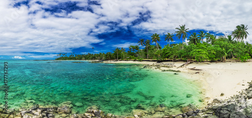 Tropical beach on south side of Upolu, Samoa Island with palm trees
