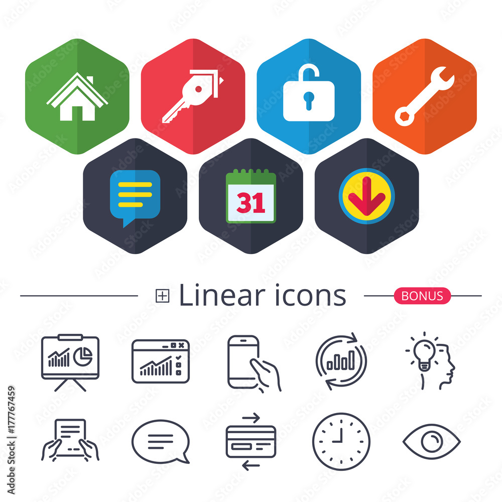 Home key icon. Wrench service tool symbol. Home key icon. Wrench service tool symbol.