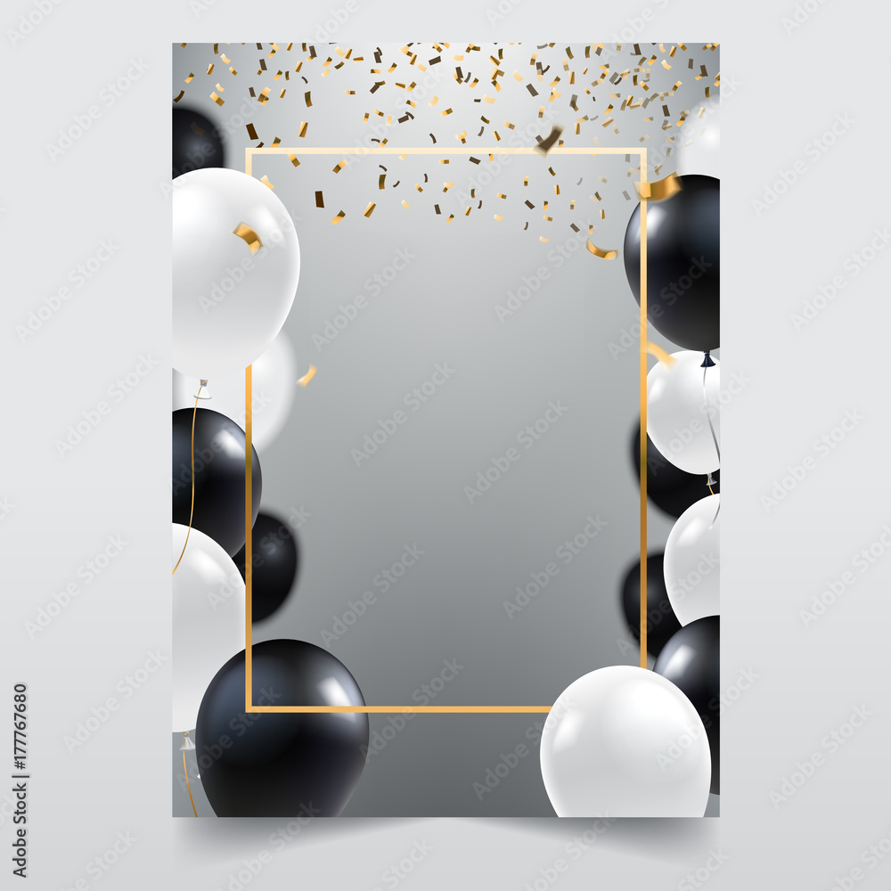 Abstract ceremonial silver background with black and white balloons. Gold frame and falling golden confeti. A4 design concept for grand opening invitation, sale banner, party flyer. Vector eps 10. - obrazy, fototapety, plakaty 