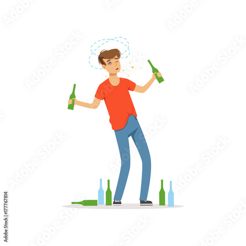 Drunk man standing among empty bottles on the floor, alcohol addiction, bad habit vector Illustration