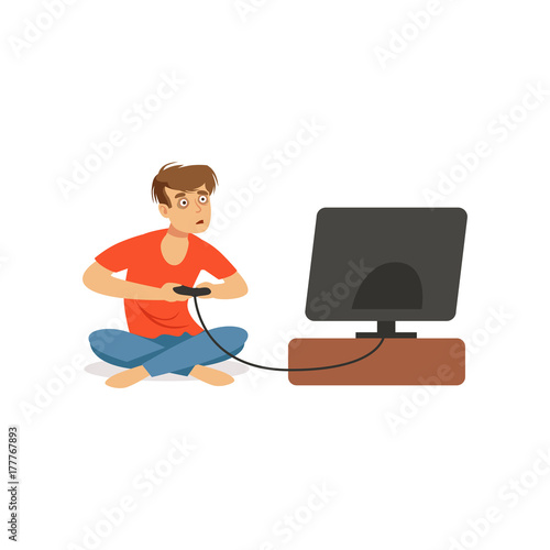 Stressed depressed man is playing video game, bad habit, gambling addiction vector Illustration