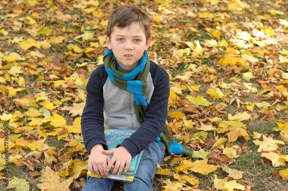 Boy reads a book while sitting in the yellow autumn leaves Boy reads a book while sitting in the yellow autumn leaves