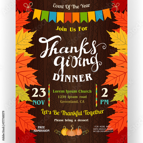 Thanksgiving dinner poster template with border from autumn leaves of maple.