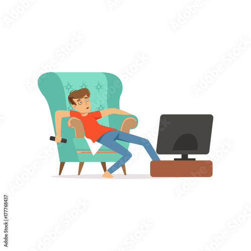 Young man sitting on armchair watching TV, bad habit, television addiction vector Illustration