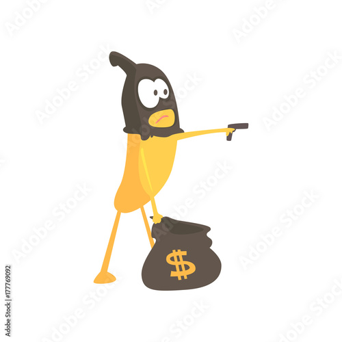 Burglar banana in mask holding hand gun and a bag with dollar sign, cartoon funny fruit character vector Illustration