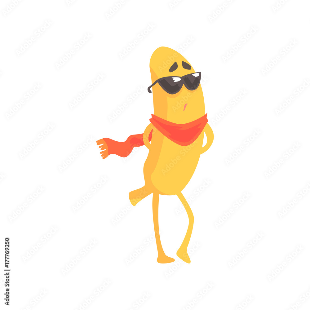 Funny banana in glasses and scarf, cartoon fruit character vector Illustration Funny banana in glasses and scarf, cartoon fruit character vector Illustration