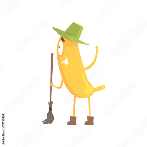 Cute funny banana in green hat holding broom, cartoon funny fruit character vector Illustration
