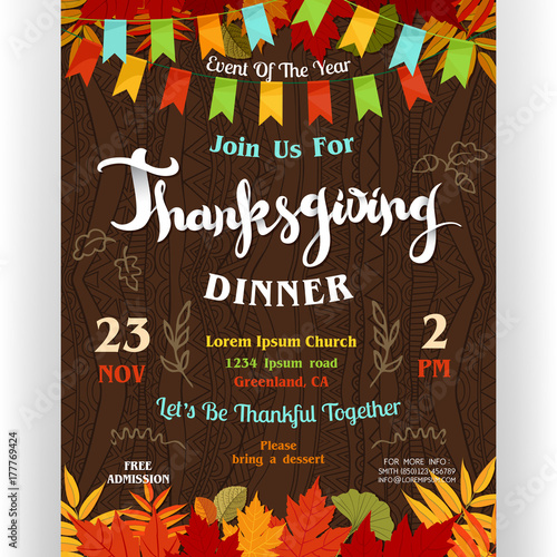 Thanksgiving dinner poster template with autumn leaves, doodle details and flags garland.