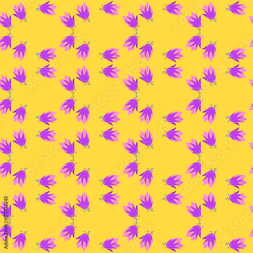 Yellow seamless pattern with lilac bell flowers. Folklore style design for prints, textile, fabric, covers, wrapping paper, scrapbook, manufacturing, clothes, decoupage with beautiful floral elements