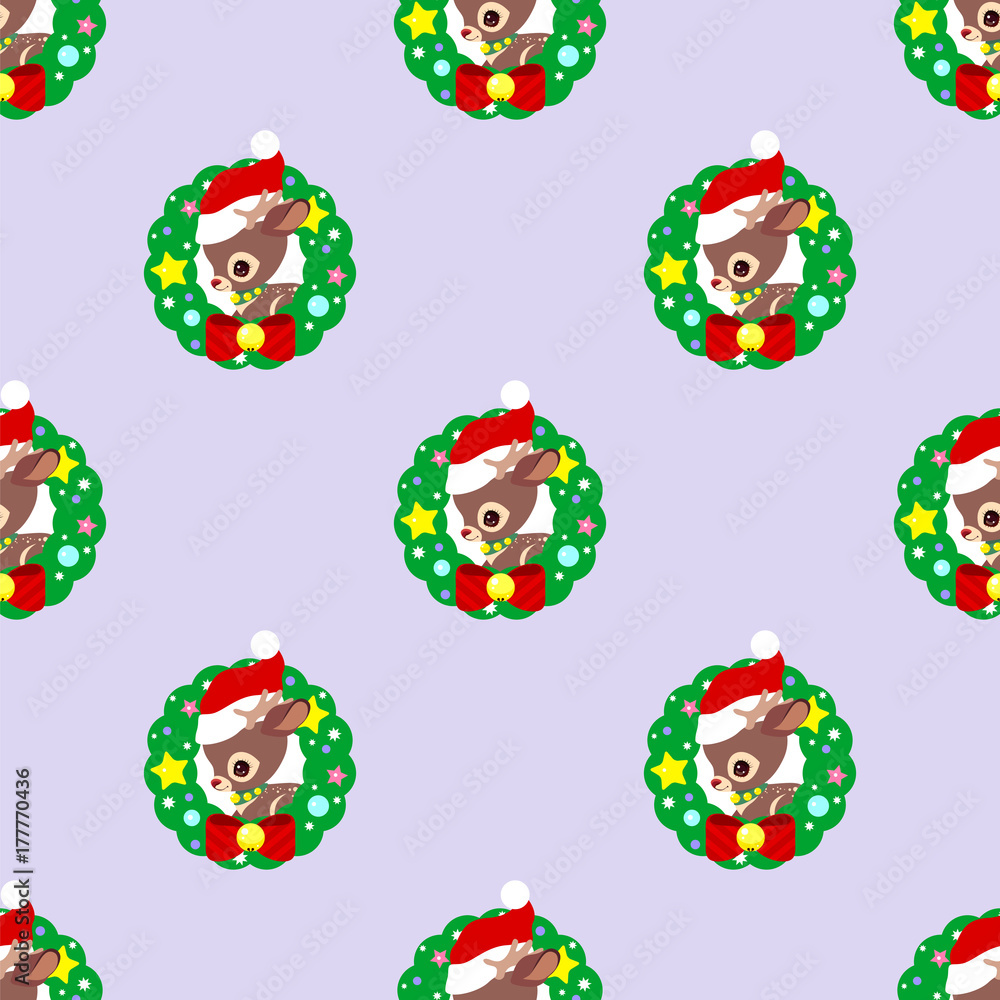 Christmas Santa Claus reindeer in a fur-tree circle with Christmas tree toys. New year and christmas pattern.