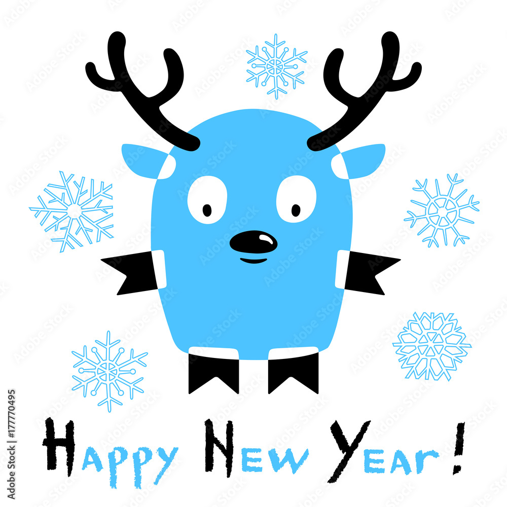 Naklejka premium Happy New Year card with a stylized deer on white background
