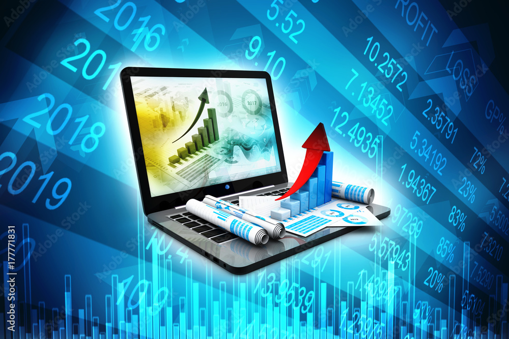 Business analyze. Laptop, graph and diagram. Stock market Concept. 3d render Business analyze. Laptop, graph and diagram. Stock market Concept. 3d render
