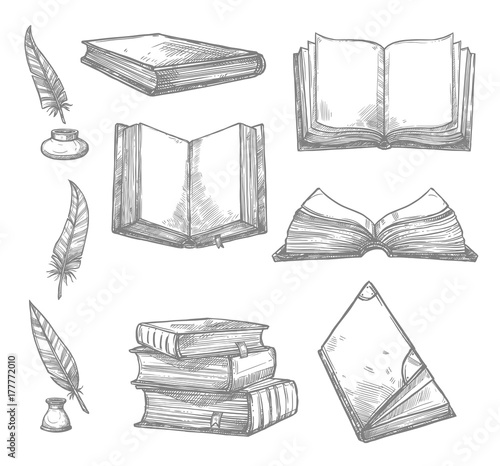 Vector sketch icons of old books and manuscripts