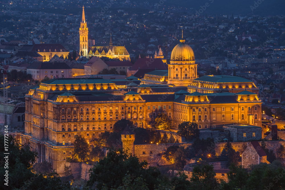 Obraz premium Budapest, Hungary - The beautiful Buda Castle Royal Palace with the Buda hills and the Matthias Church at background at blue hour