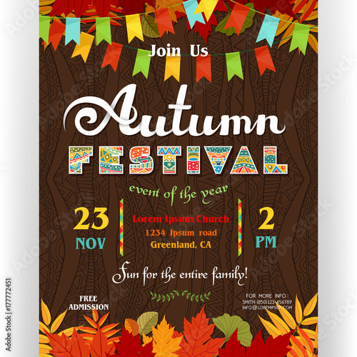 Autumn festival poster template with ornate letters, colorful fall season leaves and flags.