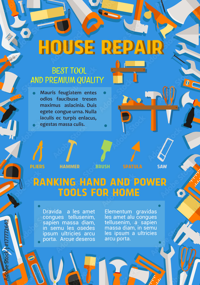 Fototapeta premium Vector poster of house repair handyman work tools