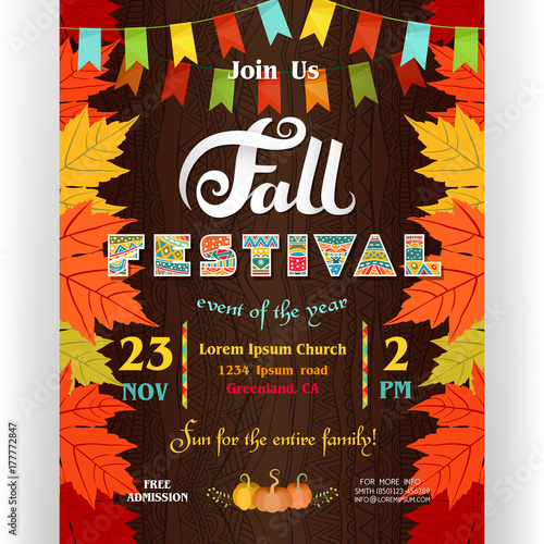 Fall festival poster template with invitation text, colorful autumn leaves of maple and flags.