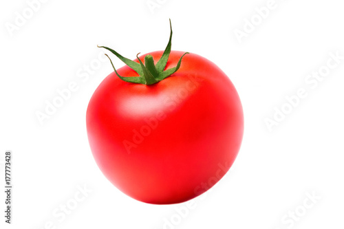 One round red ripe tomato on white isolate background, close-up