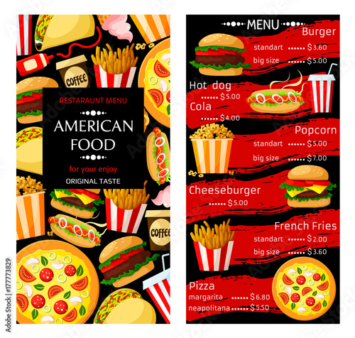 Vector price menu for fast food restaurant