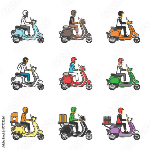 People ride scooter and delivery service with outline and different style