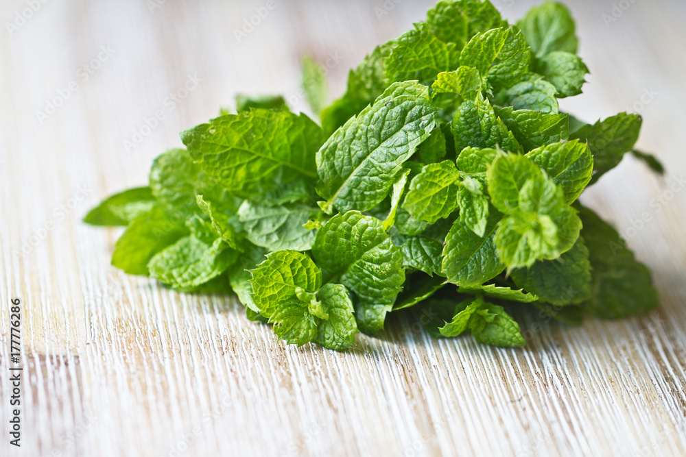 Green mint leaf. Bunch of mint leaf on wooden table Green mint leaf. Bunch of mint leaf on wooden table