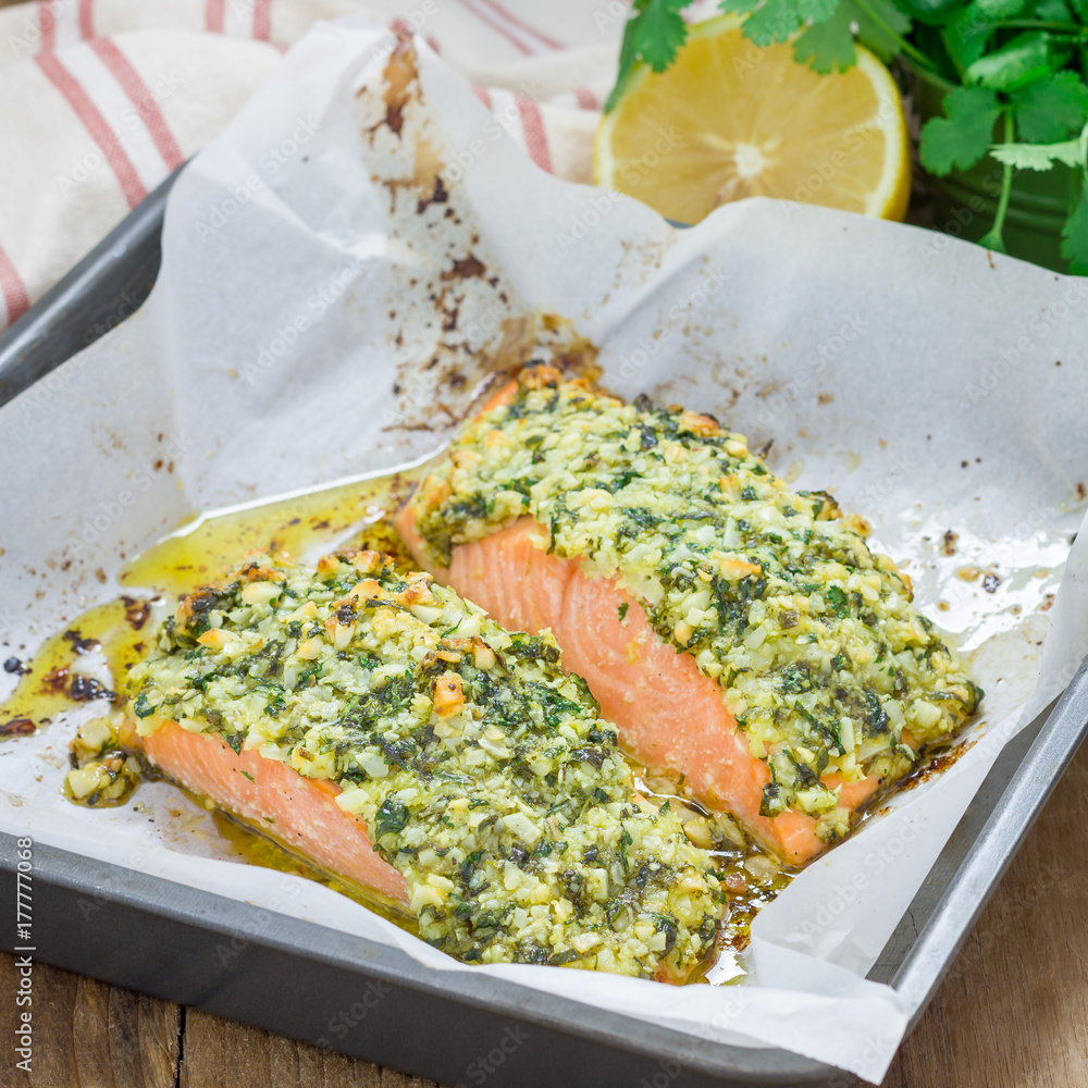 Baked salmon with macadamia cilantro crust in baking dish, square format Baked salmon with macadamia cilantro crust in baking dish, square format