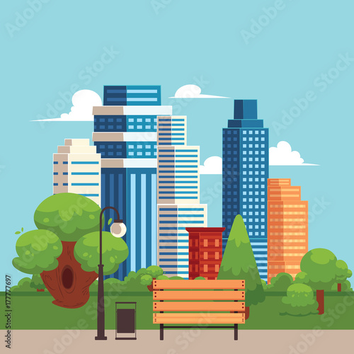 vector flat cartoon cityscape with different buildings, park with trees, streetlight and bench. Skyscrapers, office centers shopping mall and city apartments houses. Illustration on blue background