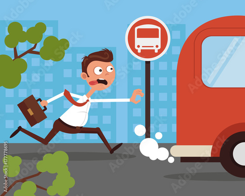 Hurry anxiety stressed office worker businessman character running after bus. Lateness concept. Vector flat cartoon illustration
