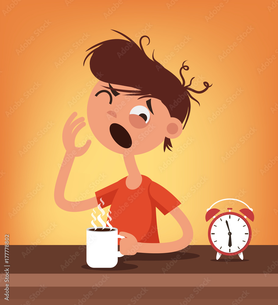 Sleepy man character wake up and drink coffee. Early hard morning concept.  Vector flat cartoon illustration Stock Vector | Adobe Stock