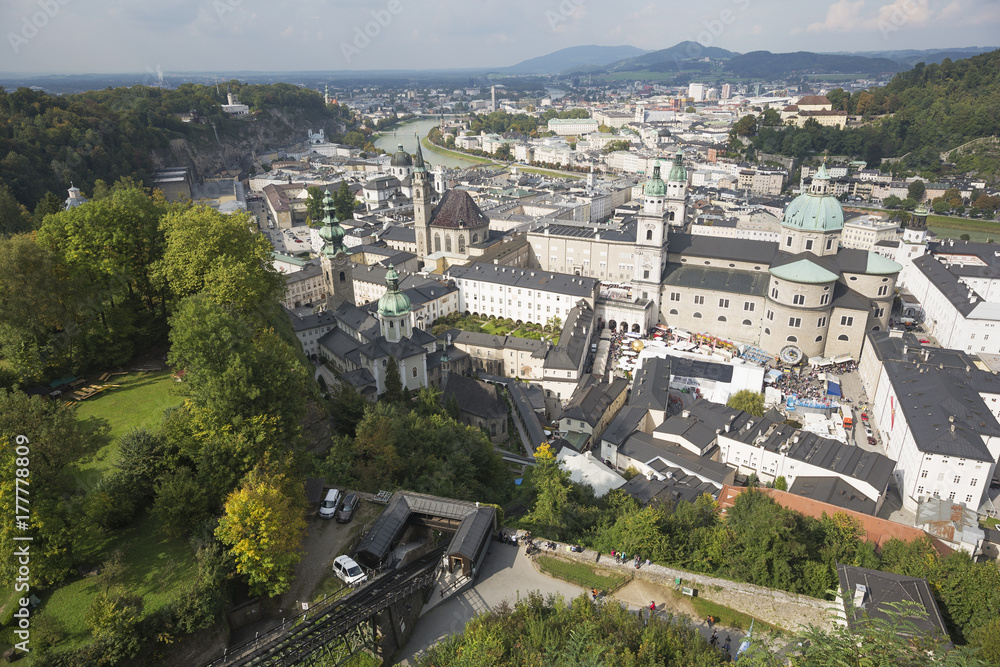 View of the old town seen from Hohensalzburg during the St. Rupert's fair
