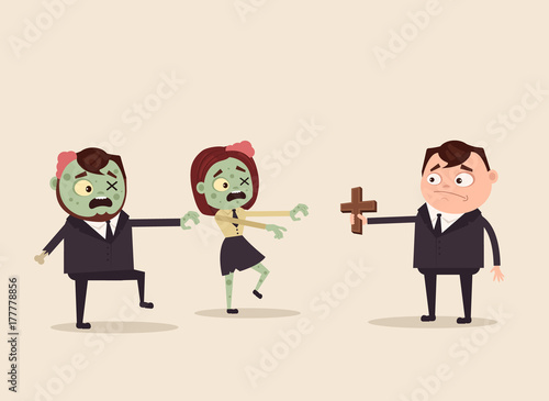 Angry evil hungry zombie office workers attack. Apocalypse concept. Vector flat cartoon illustration