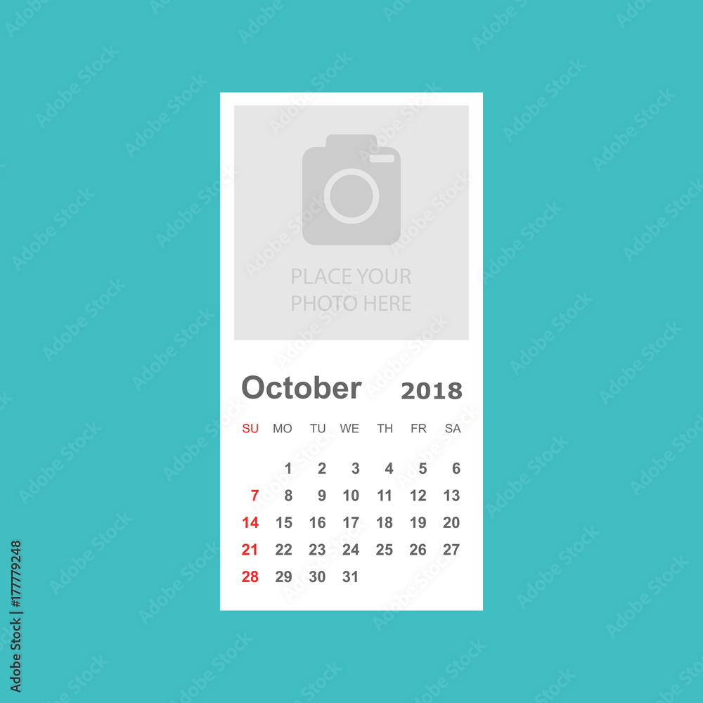 Naklejka premium October 2018 calendar. Calendar planner design template with place for photo. Week starts on sunday. Business vector illustration.
