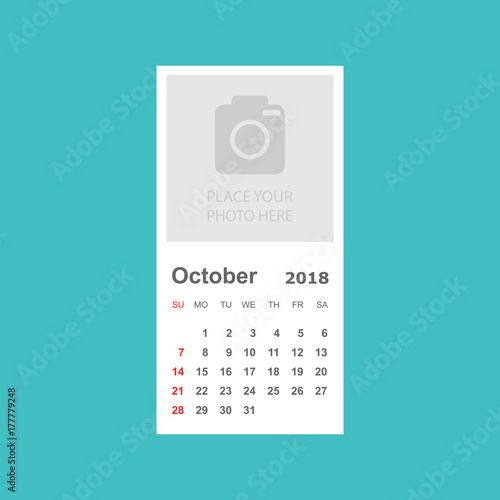 October 2018 calendar. Calendar planner design template with place for photo. Week starts on sunday. Business vector illustration.