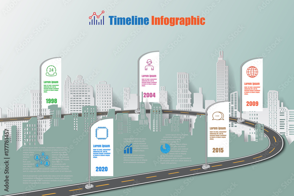 Business road map timeline infographic city designed for abstract background template milestone element modern diagram process technology digital marketing data presentation chart Vector illustration