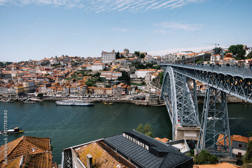 Beautiful panoramic view on Porto's historic venter and Dom Luís I Bridge with river Douro